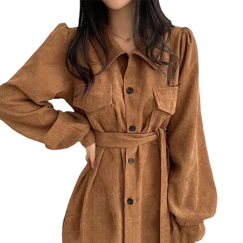 Korean version of chic spring French retro lapel single-breasted strap waist long solid color corduroy dress women