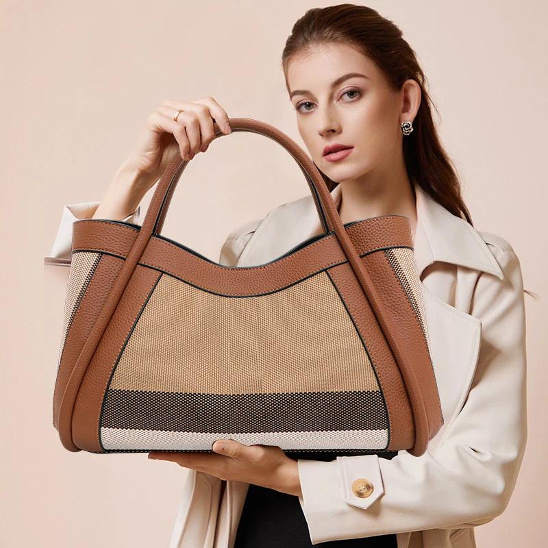 Striped Textured Fabric Tote Handbag Faux Leather Edge Splicing Wide Handle Ladies Daily Commuter Large Shoulder Bag