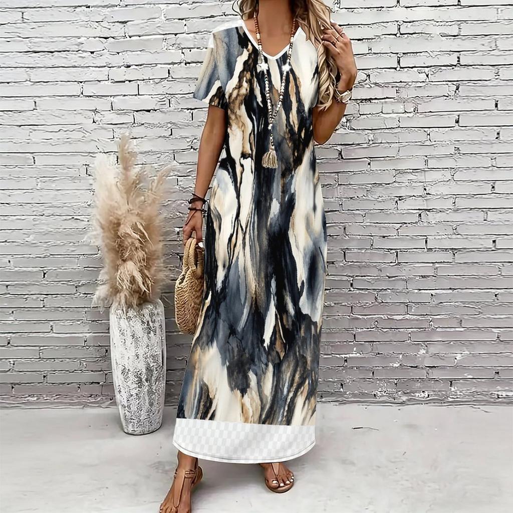 Women Plus Size V Neck Short Sleeve Blue White Printed Straight Maxi Dress