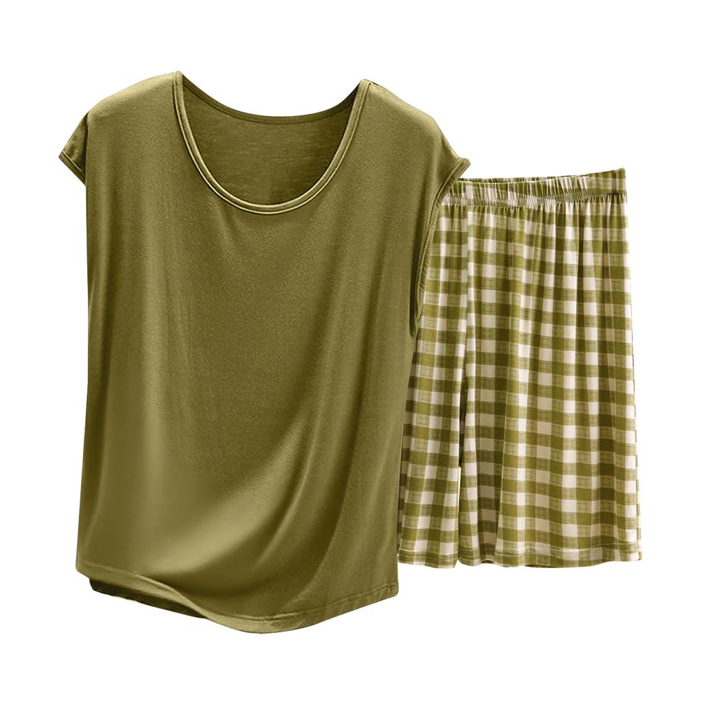 Ladies' Casual And Comfortable Round Neck Solid Color Top With Checkered Printed Shorts Plus Size Set