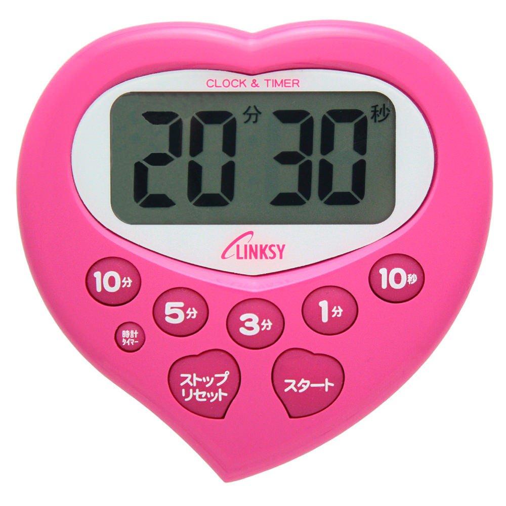 YNAC LINKSY Heart-Shaped Joyful Timer with Clock, Water-Resistant, LT801PPA, 7.6 x 7.8 x 1.6 cm, Pink, Makes Waiting Time Enjoyable