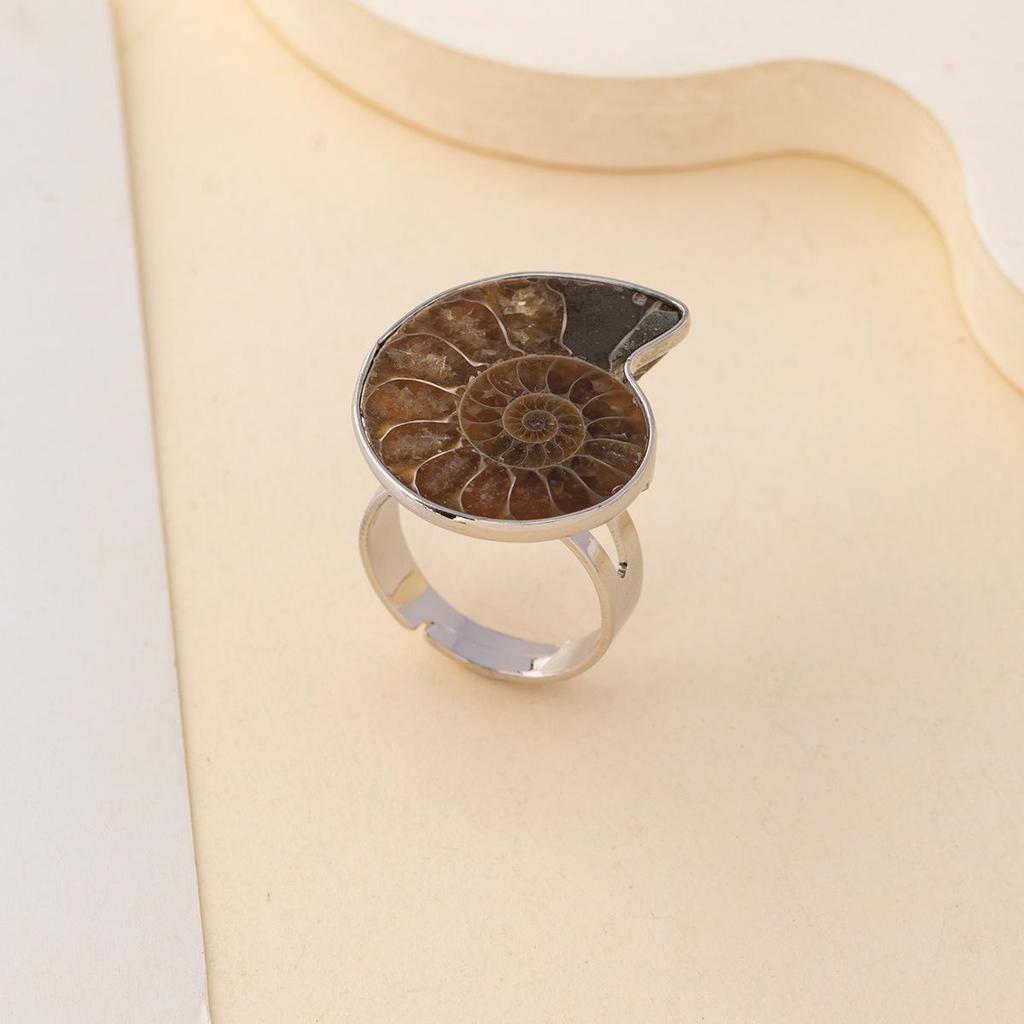 European and American Style Ammonite Conch Slice Ring, Copper-Plated White, Adjustable Open Design