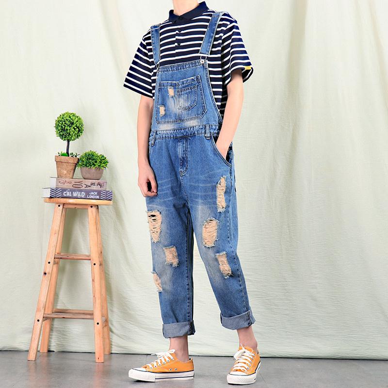 Trendy Men s Baggy Denim Dungarees with Distressed Holes, Vintage Style Suspender Pants for Summer Outfit M синий