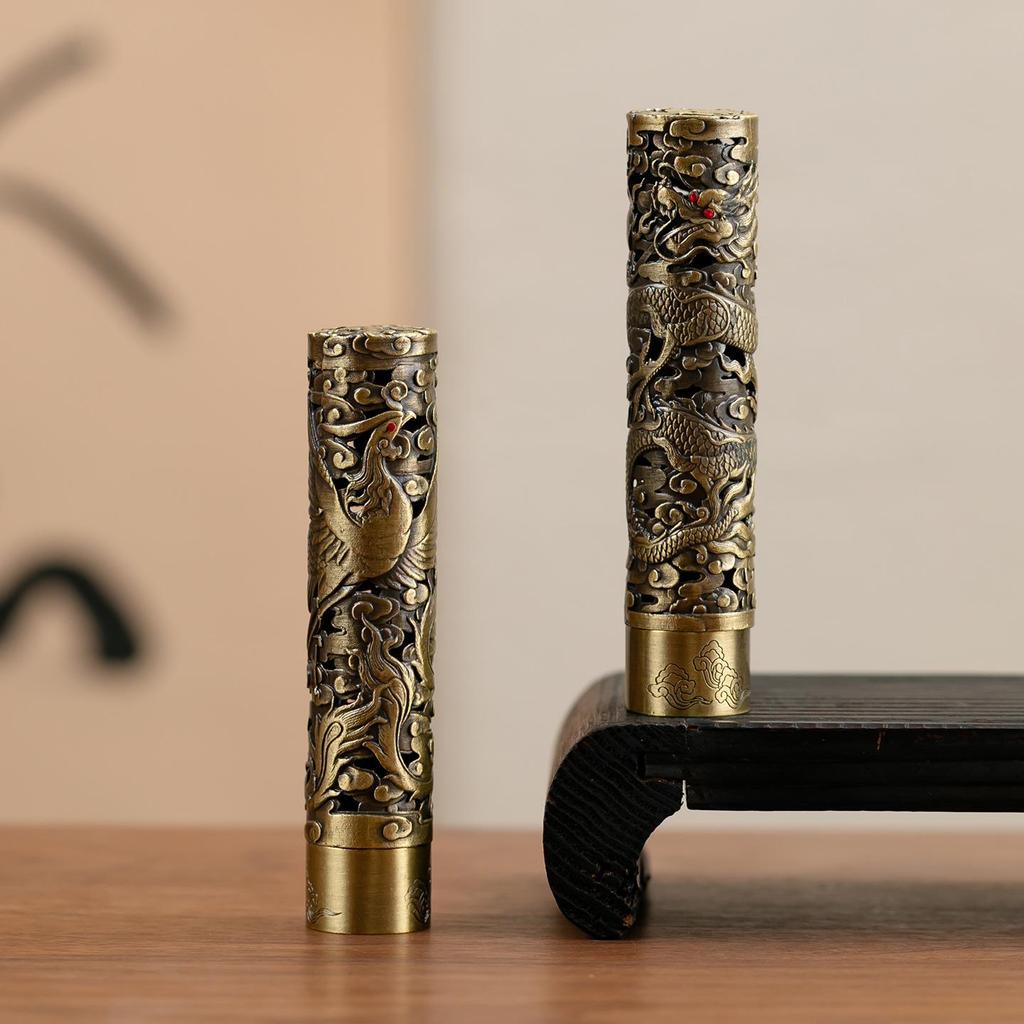 Alloy Cylindrical Incense Burner with Phoenix and Dragon Design for Indoor Sandalwood Offering to Buddha.
