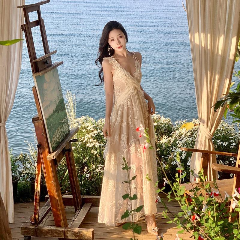 Design Sense Fairy Lace Suspender Long Skirt Heavy Industry Coffee Break Backless Seaside Vacation Dress