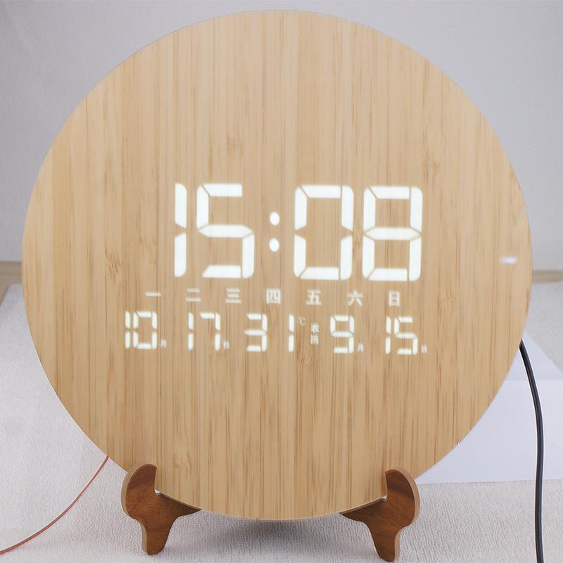 

LED Wooden Clock Luminous Digital Light Luxury Living Room Wooden Digital Perpetual Calendar Temperature Electronic Digital Wall Clock Mute Bamboo grain 1 without humidity