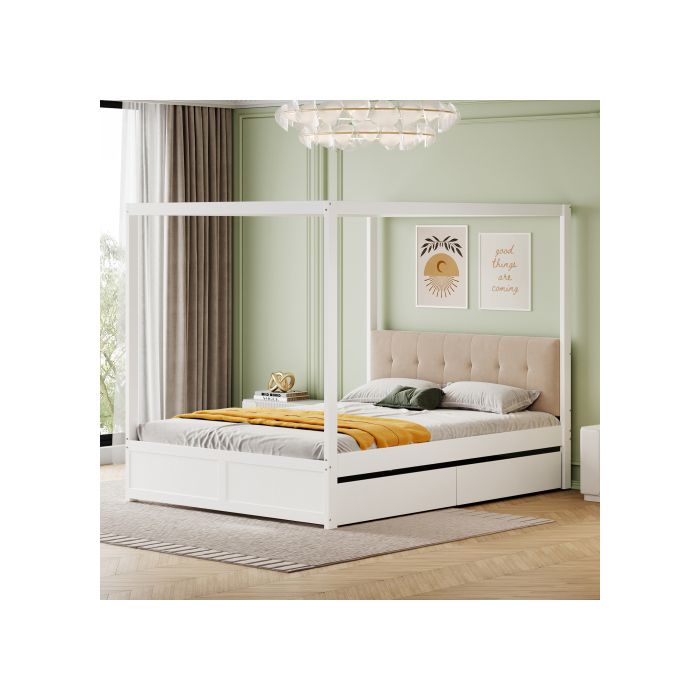Letto a baldacchino - MUVOE - 140x200 cm - Legno bianco - Testiera imbottita - Cassetti grandi