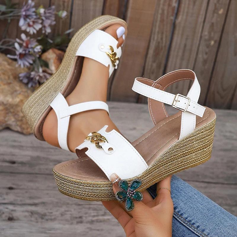Sandales Plateforme Chaîne Épaisse Mode Femmes Talons Compensés Cuir PU Sandalias Mujer Été 2026 Boucle Semelle Épaisse Chaussures Gladiateur