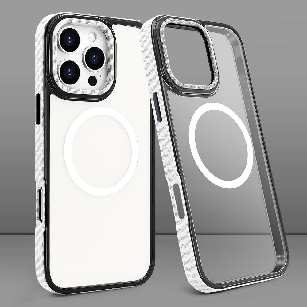 For iPhone 16 pro Max Strong Magnetic Phone Case Carbon Fiber Pattern Frame Transparent Cover for iPhone 16 pro, Wireless Charge
