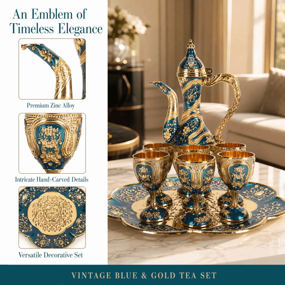 8pcs Gold Blue Vintage Tea Set Zinc Alloy Coffee Pot Cup Set Tea Pot Cup Set  For Home Decor