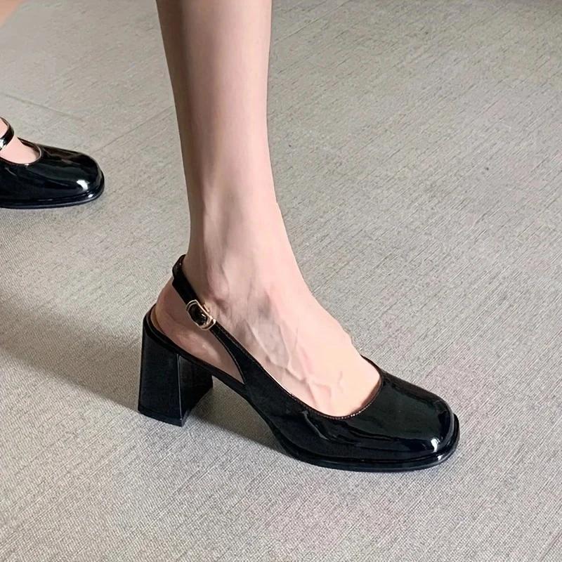 Sandalen Damen Sommer Neu Dicke Absätze Lackleder Mary Janes Partyschuhe Schnalle hinten Bequem und Elegant Damenschuhe