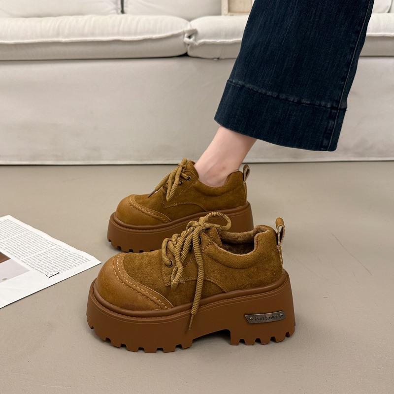 Height-increasing Platform Single Shoes Women's Autumn and Winter Velvet 2 New Big Head Lace-up British Small Leather Shoes