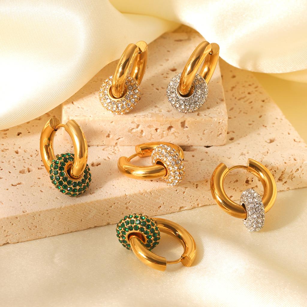 18K Gold Stainless Steel Earrings Zircon Round Hoop Pendant Ear Cuff Women's High-end Ear Jewelry