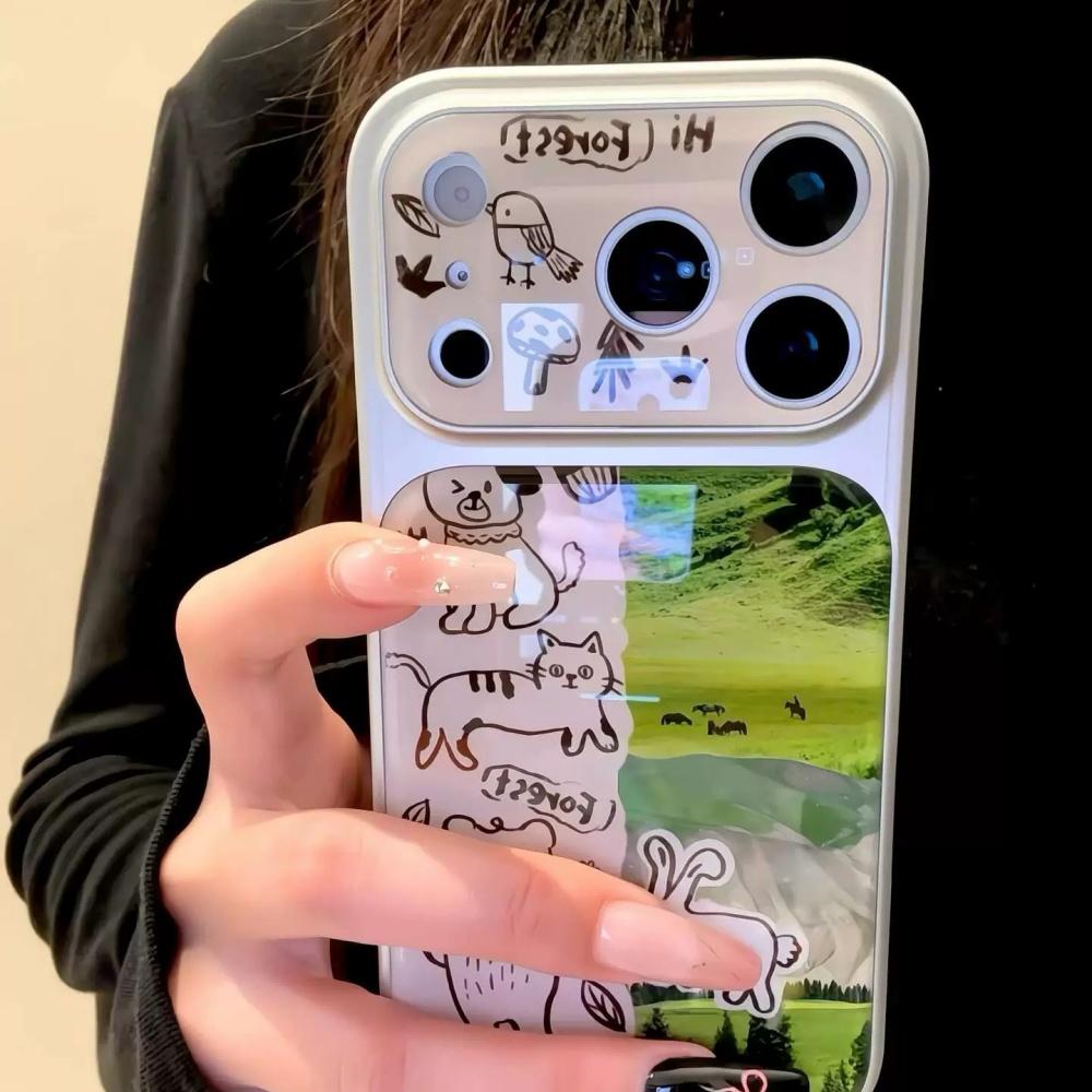 Cute Cartoon Doodle Grass Line Animals Case for iPhone 17 Pro Max 16 Pro New Korean Style Anti Drop Phone Cover