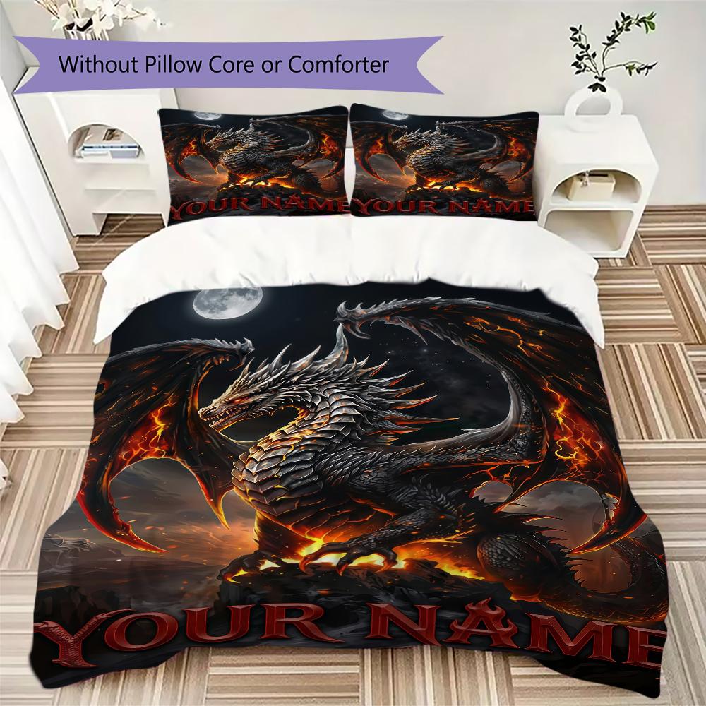 Custom Name Dragon Castle Burn Bedding,Quilt Set Quilt Cover Pillowcase Home Birthday Gift(1 * Duvet Cover + 2 * Pillowcase, Without Core)_lx