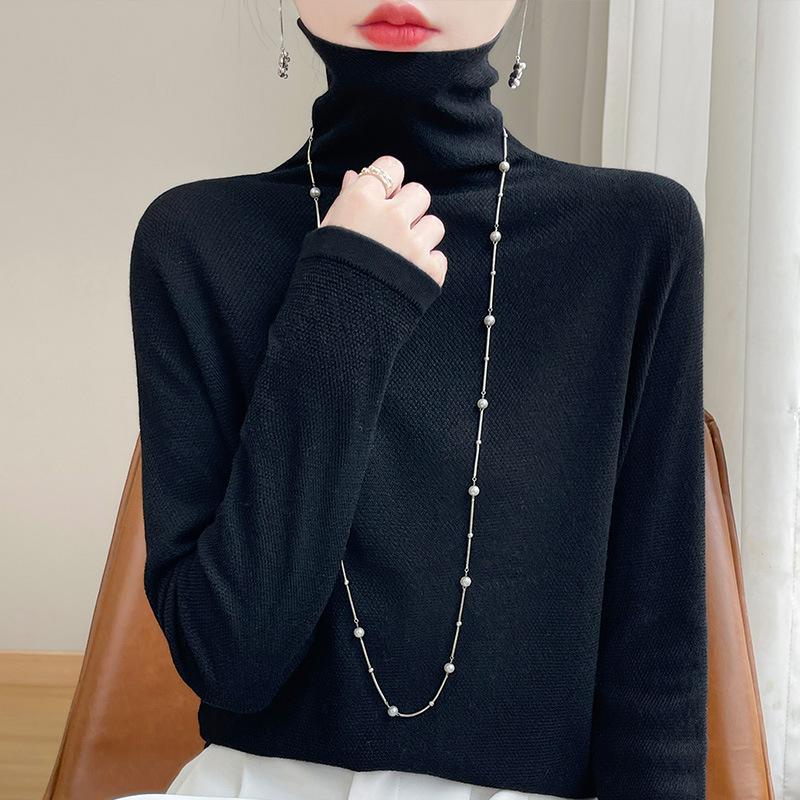 Pulover tricot cu gât stivuit de toamnă, cu mânecă lungă, Topuri de damă de culoare uni