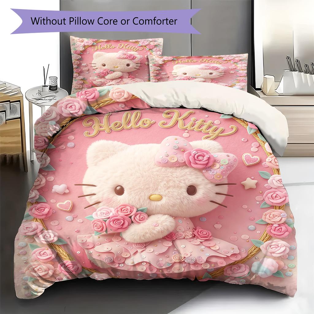 Hello Kitty Pink Pattern Bedding,Quilt Set Quilt Cover Pillowcase Home Birthday Gift(1 * duvet cover + 2 * pillowcase, without core)