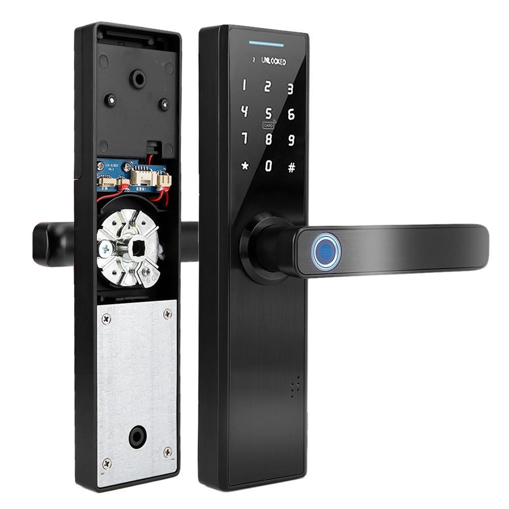 Electronic Smart Fingerprint Password Card Double Tongue Door Lock Touch Screen with Key(Black)