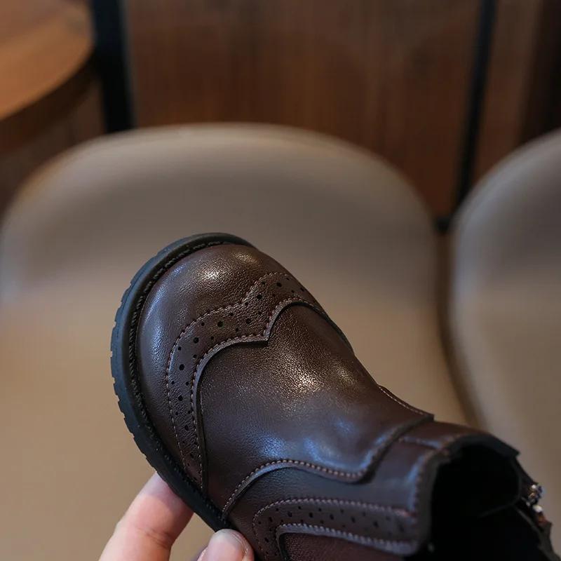 Children Leather Shoes Spring Autumn Kids Ankle Boots Brogue Style Unisex Toddler Boys Girls Casual Hiking Boot Black,Brown