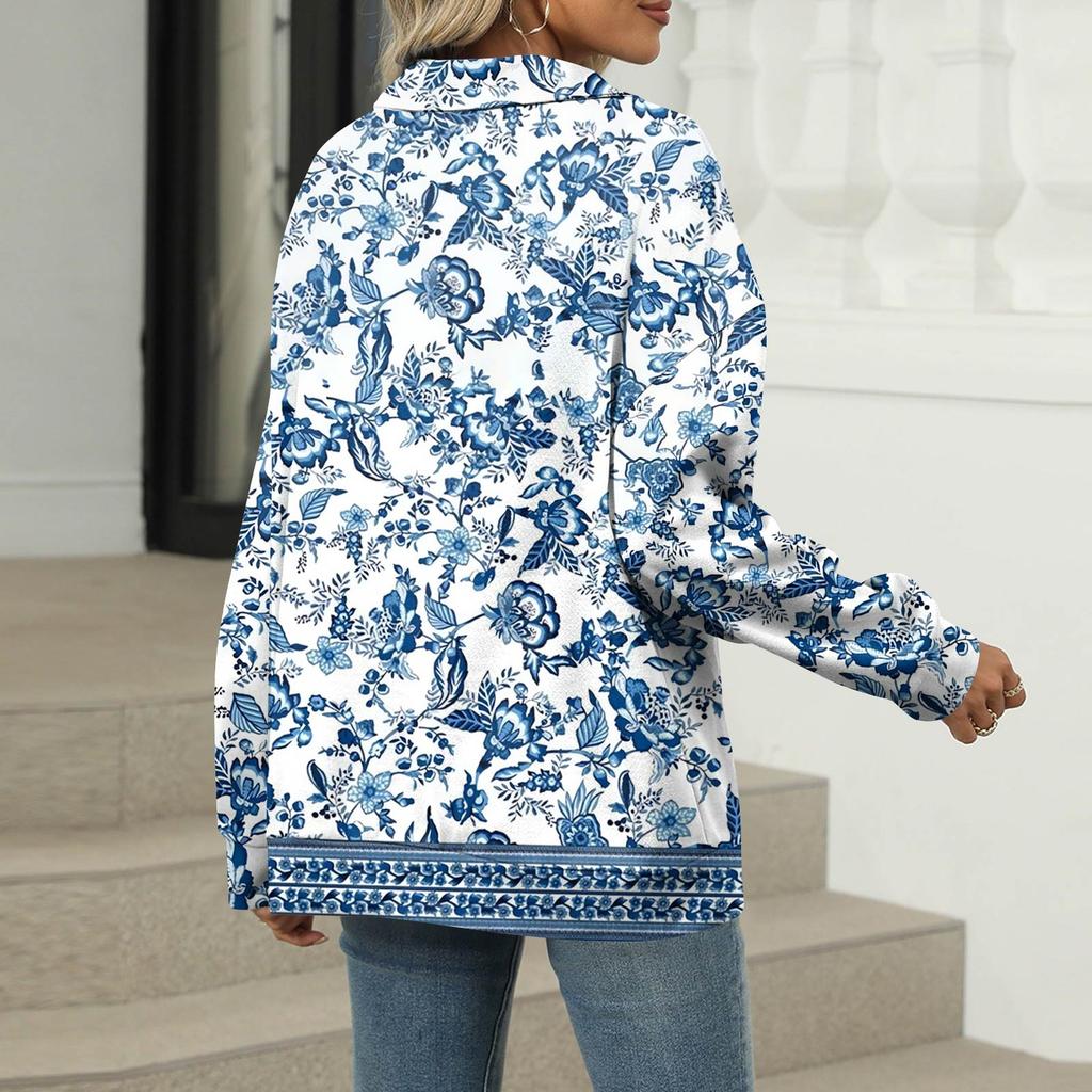 Women's Summer Fashion Casual  Printed V-Neck Long Sleeve Shirt Top