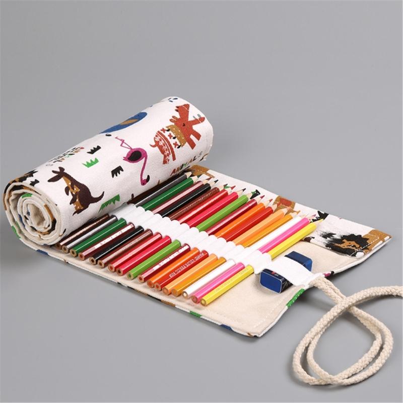 12/24/36/48 Holes Multifunctional Pencil Bag Canvas Pencil Case Lovely Animal Pencil Roll Canvas Pencil Wrap for Artists