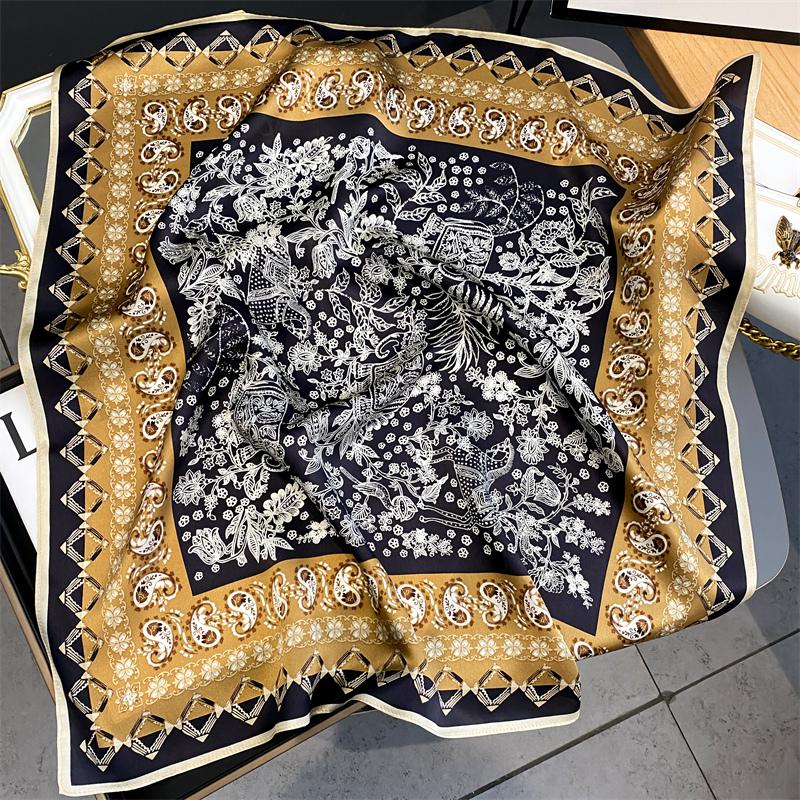 Lenço Quadrado de Cetim de Seda 100% Puro Alta Qualidade para Mulheres Estampado Bolsa de Mão Pulseiras de Pulso Xale Feminino Lenço de Pescoço Foulard