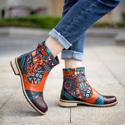 Couro genuíno retalhos salto alto retro em relevo pintados à mão bombas versáteis sapatos femininos