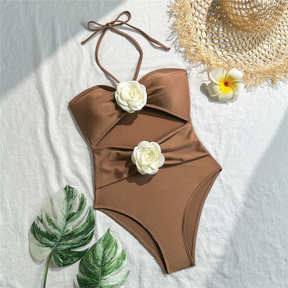 Sexy 3D Flower Hollow Out Swimwear One Piece Swimsuits Women 2026 Summer String Halter Monokini Swimming Bathings Suit Bather S шоколадный