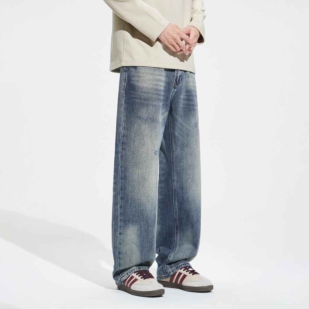 Trendy American High Street Retro Washed Old Blue Simple Jeans Loose Casual Fashion Denim Straight Pants