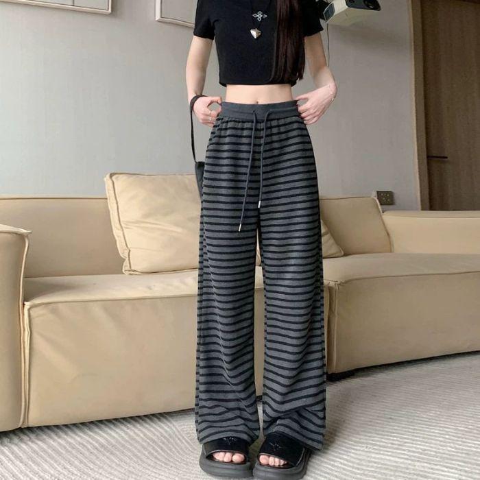 Autumn-Winter Striped Wide-Leg High-Waisted Drapey Knit Pants for Women Large