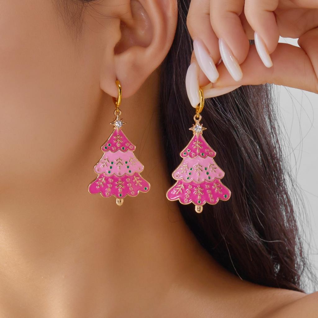 Christmas Rhinestone Star Pink Enamel Xmas Tree Drop Earrings Lovely Holiday Dangle Jewelry For Women Men Party Gift Accessories