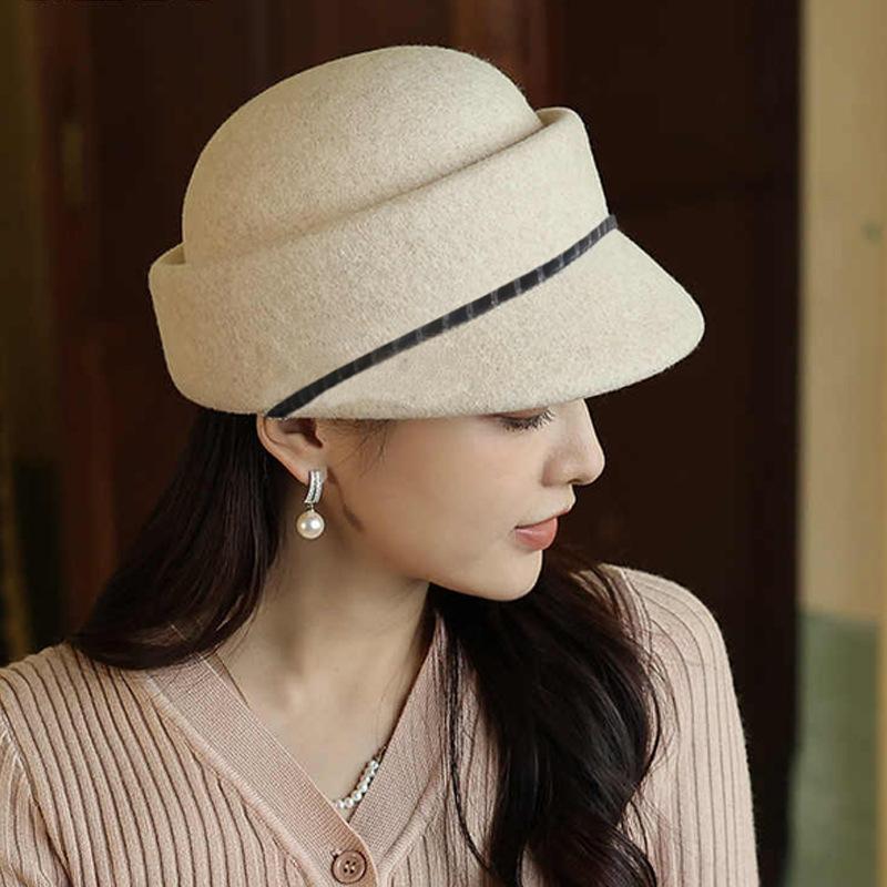New Autumn and Winter Hat for Women's Design Sense Foreign Trade Wool Duckball Cap Solid Color Versatile Winter Warm Equestrian Hat