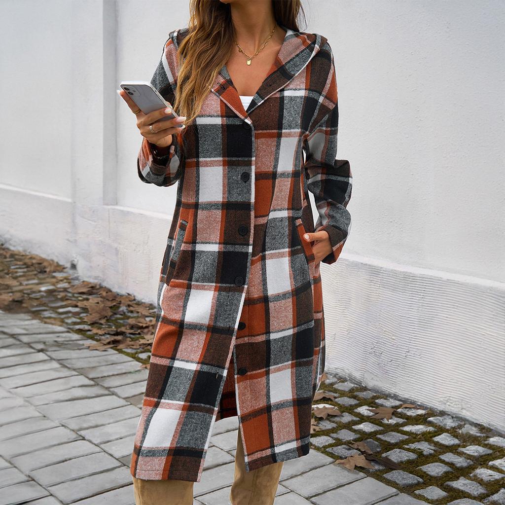 Women's Plaid Casual, Fashionable, Comfortable, Loose, Contrasting Color Breasted Hooded Jacket