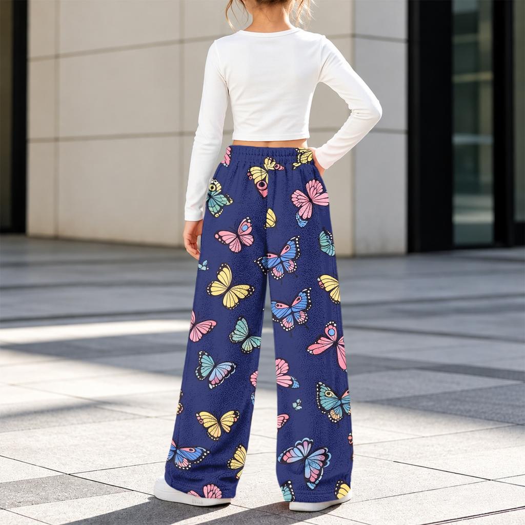 Girls' Flannel Printed Pants Warm Loose Fit Casual Trousers for Fall and Winter