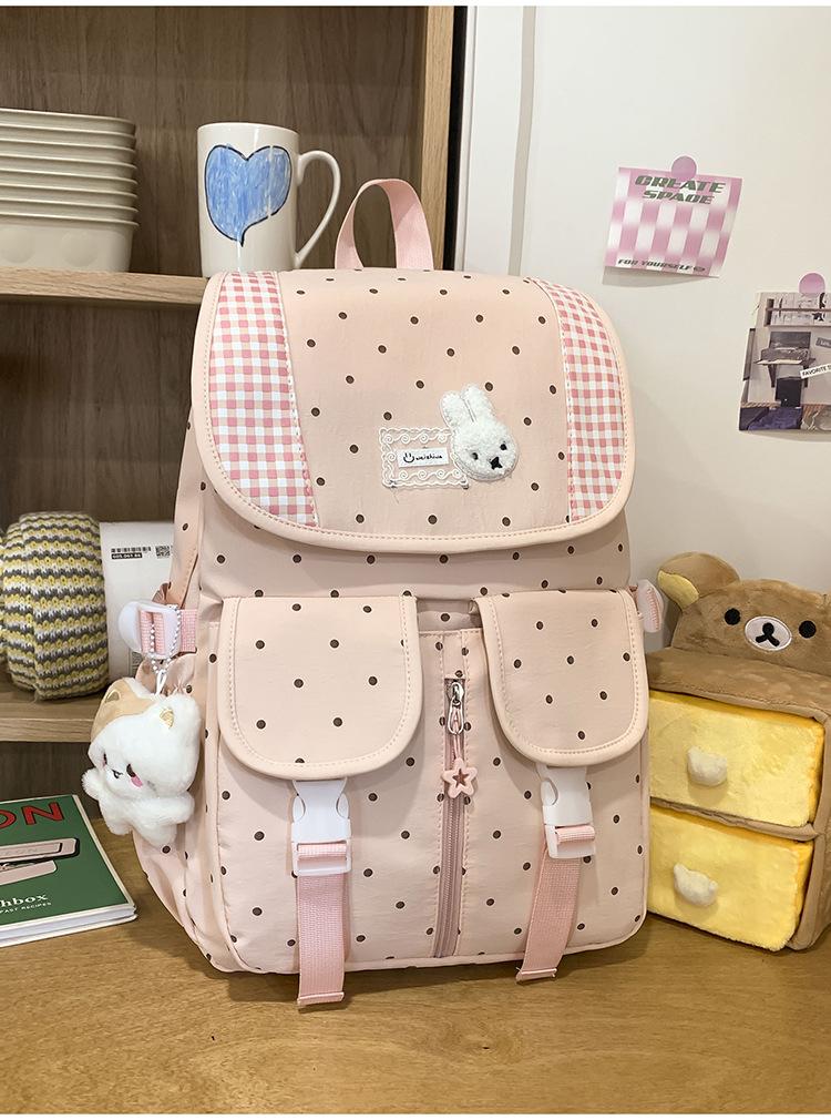 Schoolbag Korean Soft Cute Polka Dot Plaid Rabbit Backpack Cream Color Fresh College Style Junior High School Student Backpack