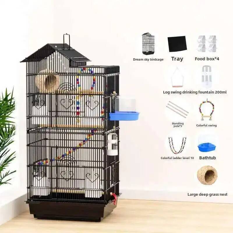 Budgie Parrot Cage Bird Cage Special Black Phoenix Peony Bird Breeding Cages Large Home Metal Luxury Viewing Villa Bird House L
