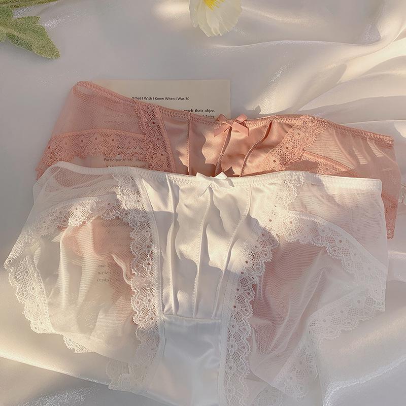 French Retro Satin Low-Waist Lace Thong with Breathable Mesh & Pure Cotton Crotch