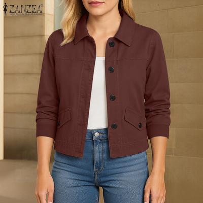 Women Casual Turn Down Collar Solid Color Long Sleeve Blouse