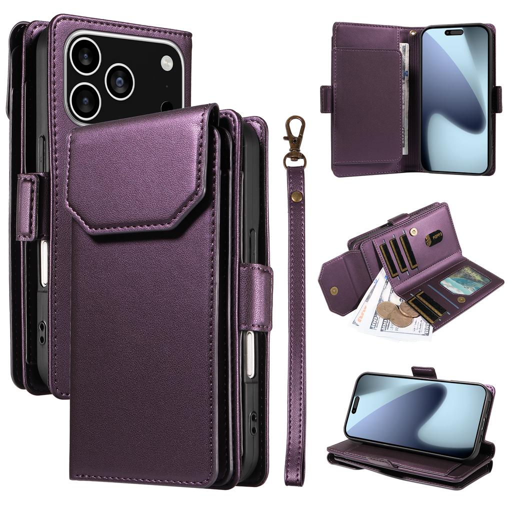 For iPhone 17 Pro Case with Multi-Card Holder and Strap PU Leather Phone Cover Stand