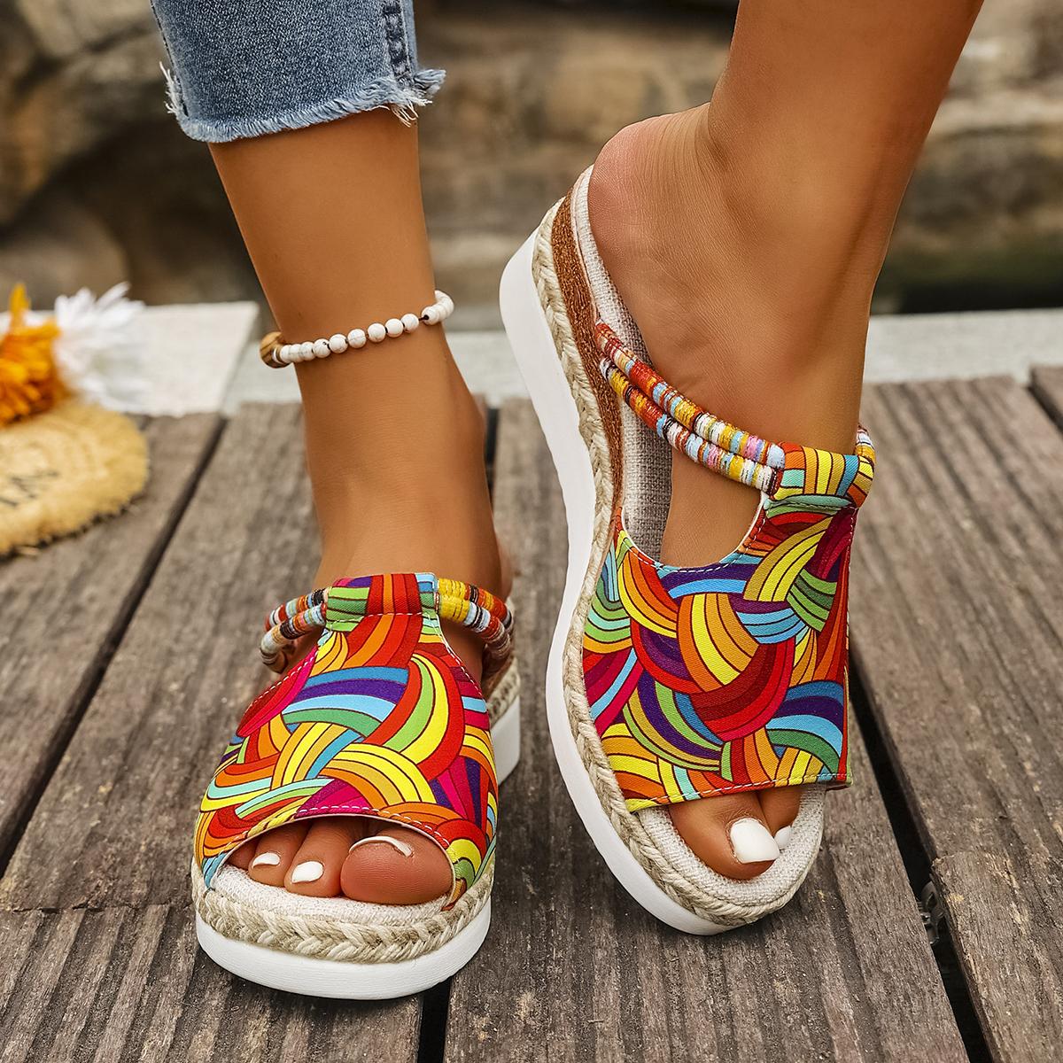 

Fashion Summer Casual Color Blocking Sandals Women Dressy Comfortable Thick Bottom Beach Shoes Woven Straw Sandals 43 оранжевый