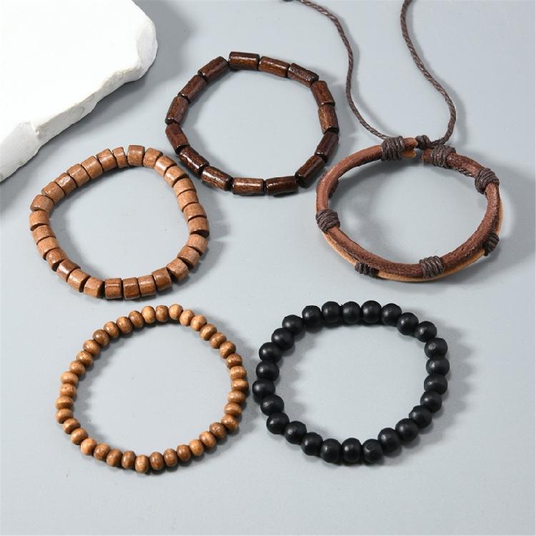 Set of 5Pcs Wooden Bead Coconut Shell Bracelet Elastic Stretch Cord Wristlet Multilayer Adjustable Retro Jewelry Gift