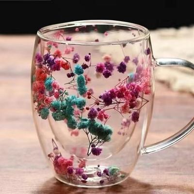 Kreative Doppelwandige Glastasse mit Trockenblumen – Milch-, Wasser- & Frühstückstasse