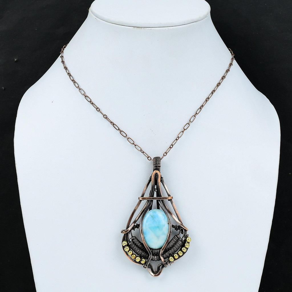 Larimar Anhänger Kupferdraht gewickelter Anhänger Edelsteinanhänger Einzigartiger Kupferschmuck Handgefertigter Designeranhänger Larimar Schmuck Geschenk für Mutter