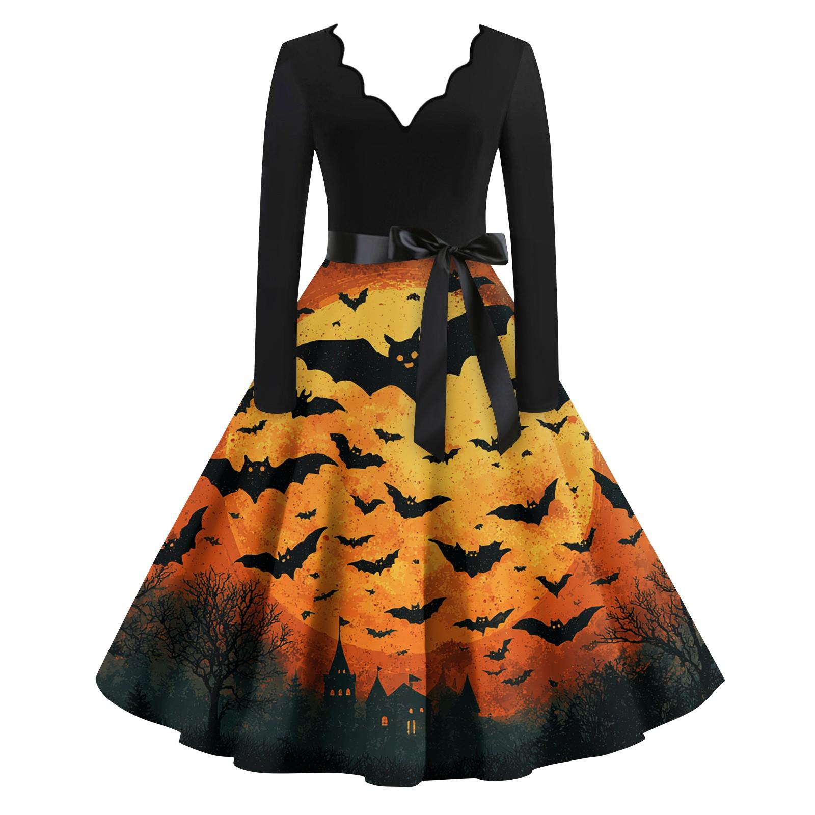 

Женские модные платья с волнистым краем, V-образным вырезом, повседневные, облегающие, с принтом на Хэллоуин, с длинным рукавом M шафрановый