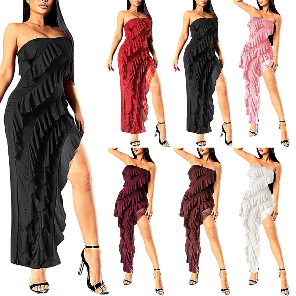 Summer Women's New Fashionable Tube Top Sexy Backless Slit Tassel Temperament Dress