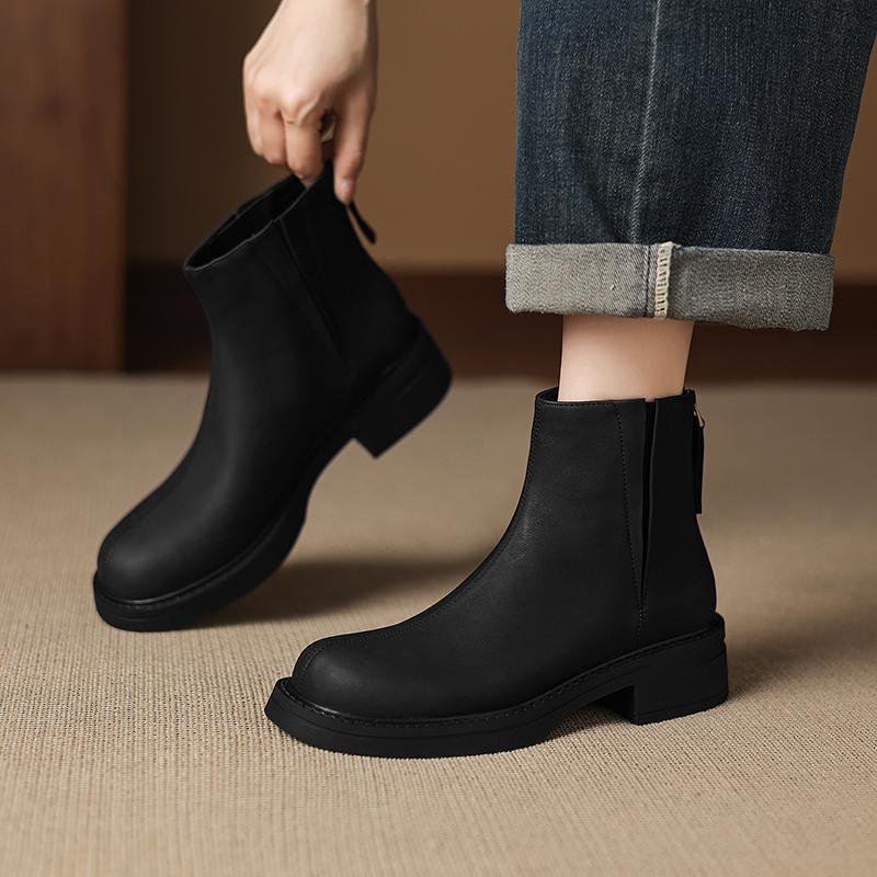 Fashion 2025 NEW Autumn Women Boots Split Leather Women Shoes Round Toe Chunky Heel Shoes Chelsea Boots Daily Shoes Platform Short Boots