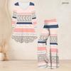 Women Plus Size Round Neck Three Quarter Sleeve Printed Flared Top Flared Pants Two Piece Set