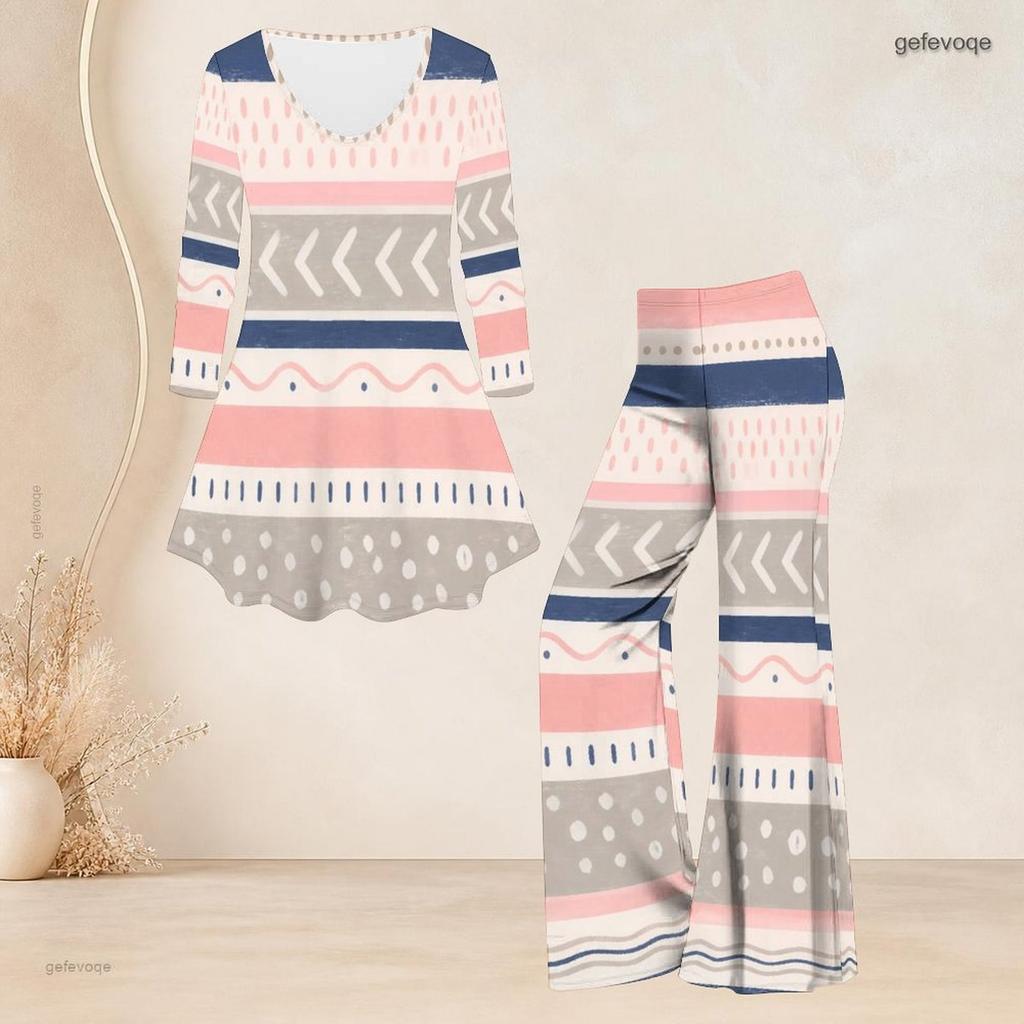 Women Plus Size Round Neck Three Quarter Sleeve Printed Flared Top Flared Pants Two Piece Set
