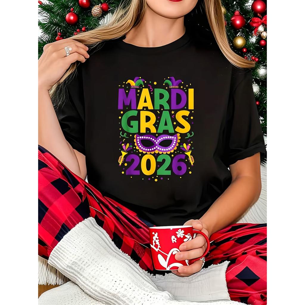 Women's Mardi Gras Limited Edition T-Shirt - 2026 Festival Party Outfit with "Mardi Gras" Print & Mask Design, Soft Round Neck Short Sleeve Tee