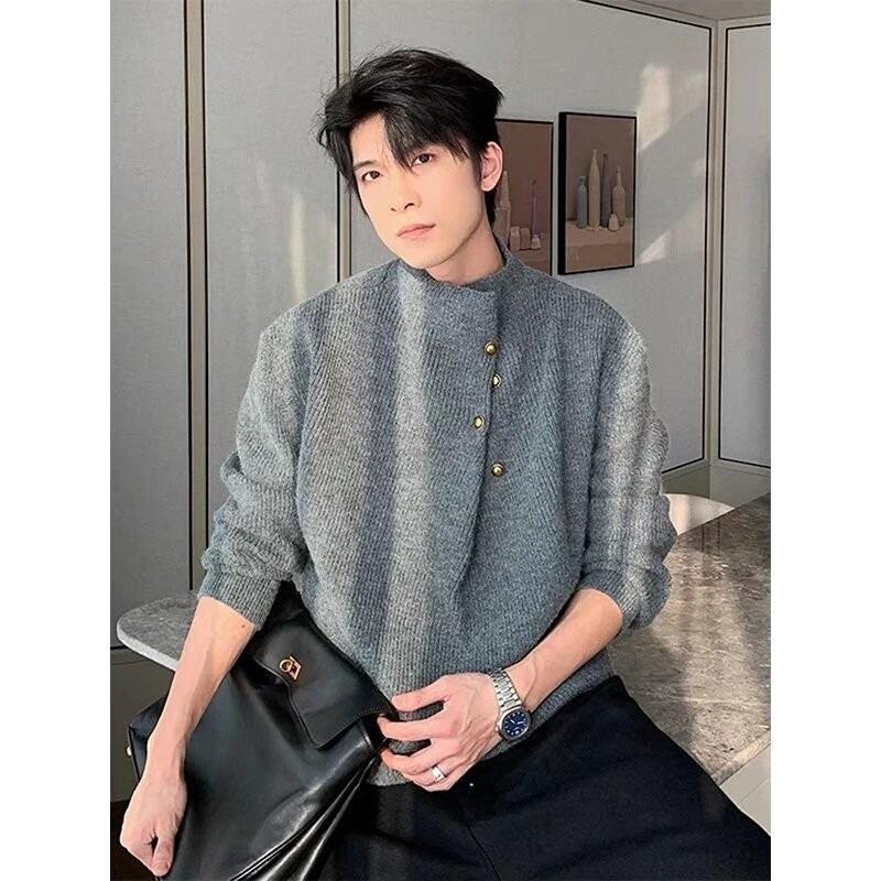 High Neck Solid Color Men's Sweater - Irregular Button Design, Youthful Loose Fit Knitwear